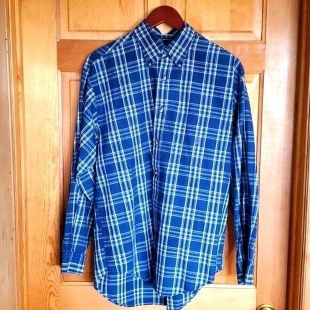 Nautica Mens Blue White Plaid Button Down Shirt Long Sleeve Cotton Size Medium